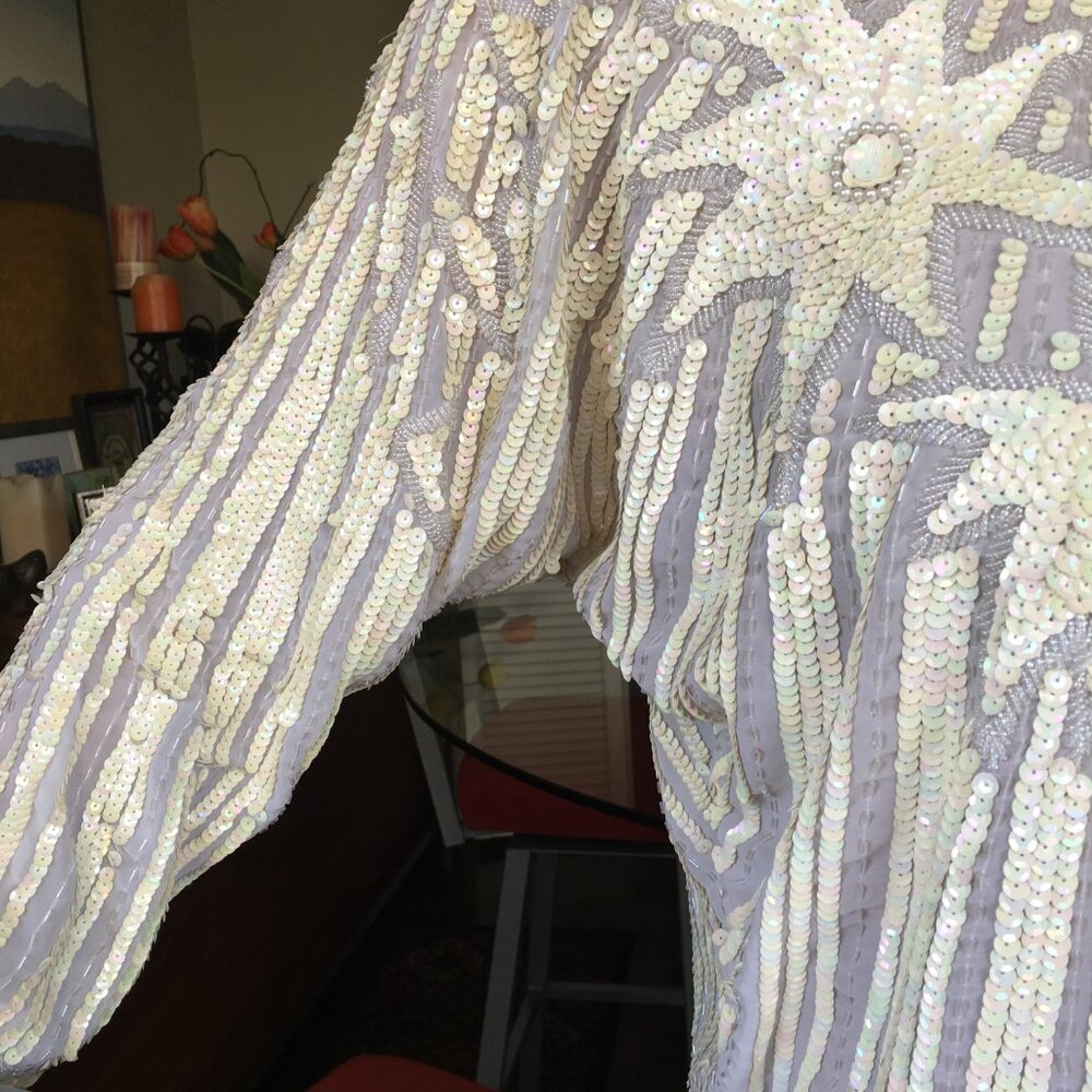 1980s Vintage Cream Sequin Chinese Silk Long Sleeve Blouse. - Picture 8 of 16